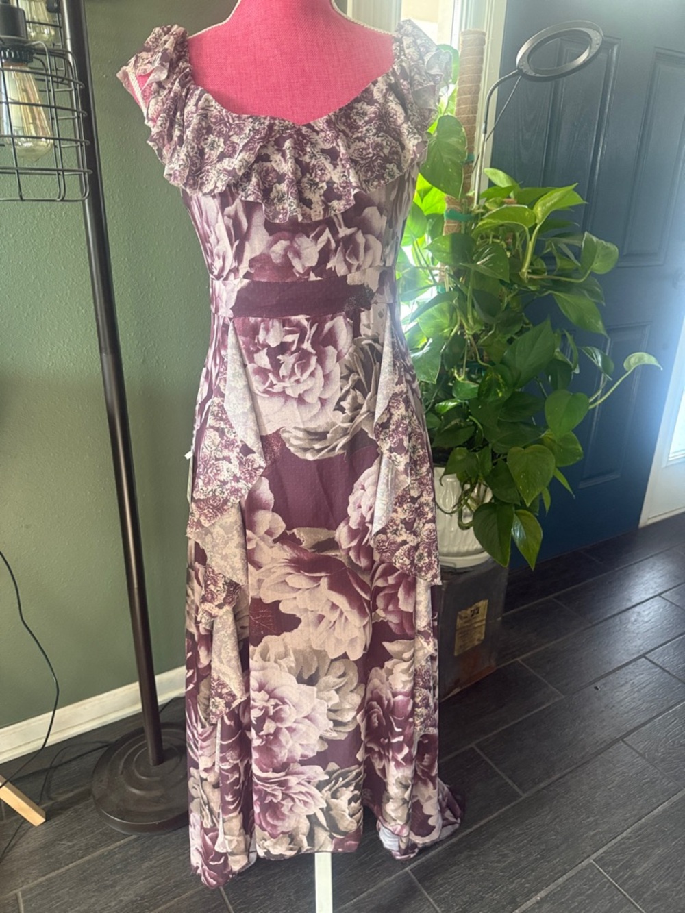 Joyfolie Plum and Cream Floral Ruffle Maxi Dress